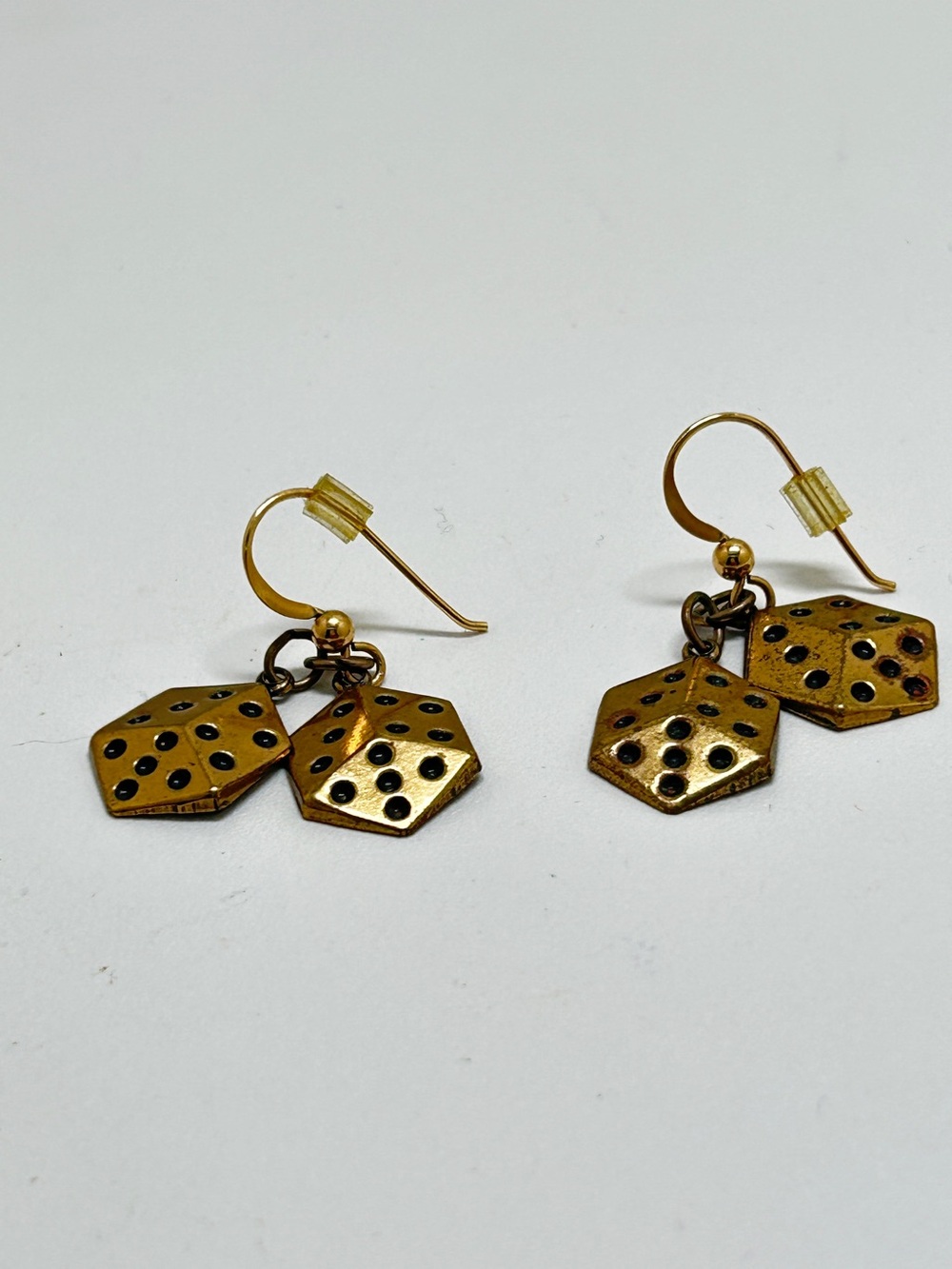 Gold,  Black Enamel Lucky Dice Earrings, Dangly, Craps, Wires, Gambling Novelty